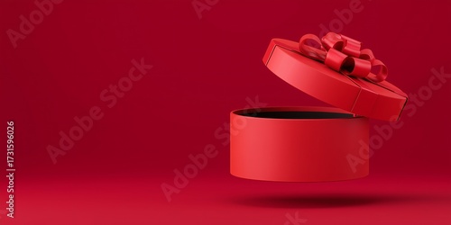 modern minimalistic gift box in bold red color with matching ribbon and bow, open lid floating above the box, clean solid background in deep red shade