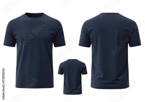 Navy blue tshirt mock up front and back view isolated on transparent background plain short sleeve tee design presentation template