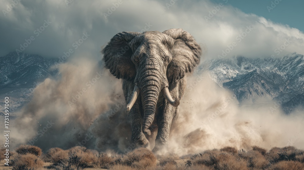 Fototapeta premium a colossal, world’s largest elephant charging forward, its massive body towering over the landscape, filling the frame with overwhelming scale, tiny trees and mountains in the background to emphas