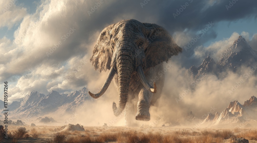 Fototapeta premium a colossal, world’s largest elephant charging forward, its massive body towering over the landscape, filling the frame with overwhelming scale, tiny trees and mountains in the background to emphas
