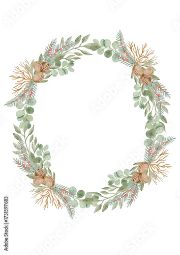 Digital watercolor wreath with golden-toned foliage and subtle accents, great for luxurious and elegant holiday stationery.