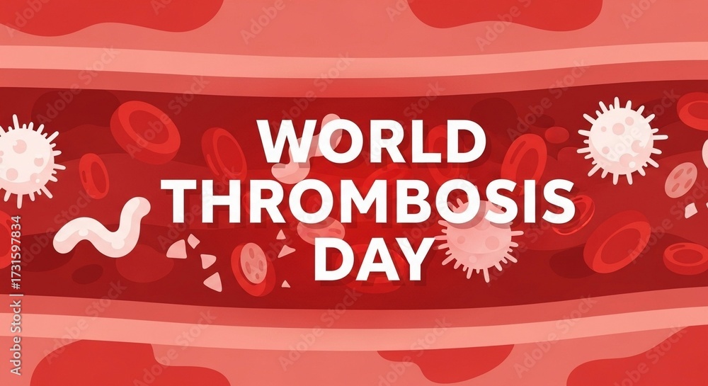 Naklejka premium World Thrombosis Day banner illustration depicting blood cells and vessel background, suitable for health awareness and medical education