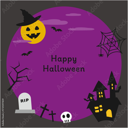 かわいいハロウィンの丸いフレーム　ホラーな館と墓地のイラスト