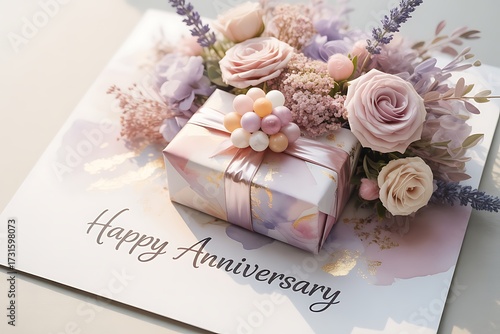 Elegant anniversary gift with pastel flowers creates warm celebration memories perfect for greeting cards, invitations, and social media posts