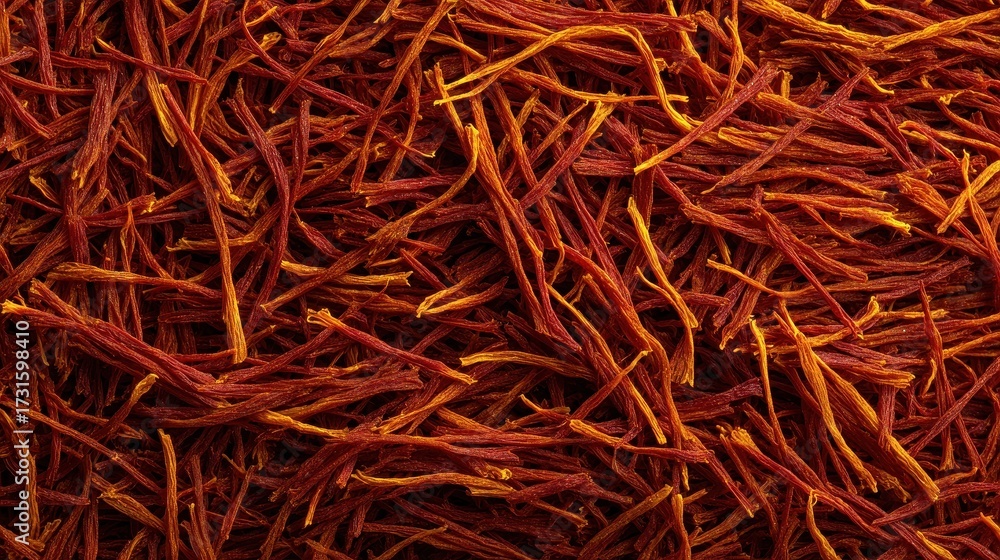 Fototapeta premium Overhead view of natural red and orange saffron threads pile.