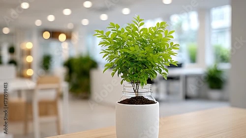 Eco-Friendly Office Oasis: A vibrant indoor office plant thrives, showcasing biophilic design, with an inviting, warm atmosphere.
