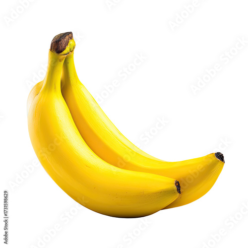 Two ripe, yellow bananas, slightly curved, nestled together on a black background
