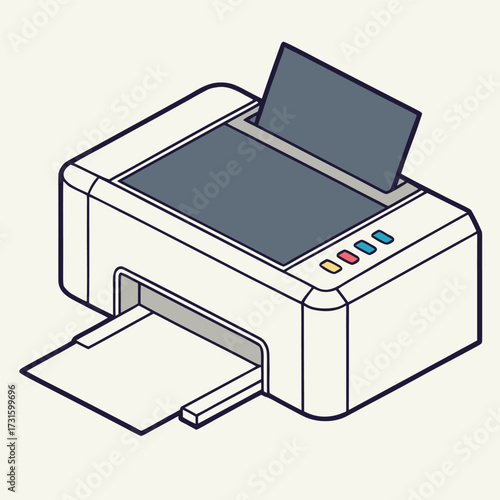 Vector art of isometric illustration of a modern printer with paper output tray extended and document feeder open, clean design