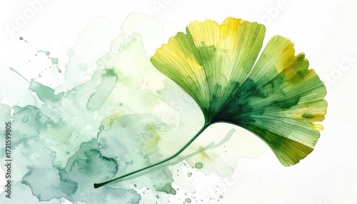 Ginkgo leaf art with watercolor splashes