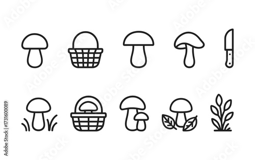 Set of ten outline icons related to mushroom picking. Black linear vector illustrations of mushrooms, baskets, knife, leaves, and grass in hand-drawn minimal style.