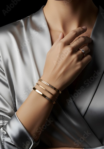 Elegant woman wearing golden bracelets and ring against satin fabric