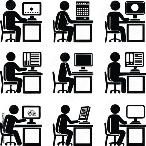 Modern office professionals working on computers at desks showing diverse tasks and technology usage