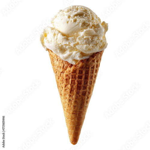 A single scoop of pale yellow vanilla ice cream sits atop a crisp, waffle cone