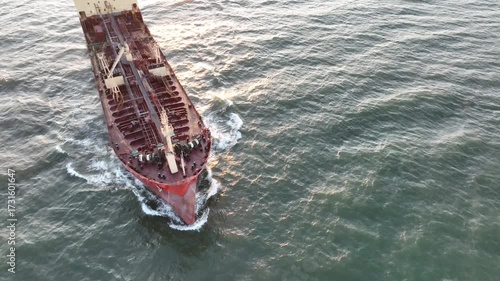 Aerial view of oil, chemical tanker sails. Tanker ship logistic and transportation business oil and gas industry.