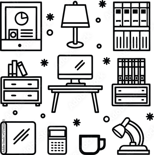 Creative workspace essentials collection featuring desk lamp computer bookshelf and office supplies clipart icons
