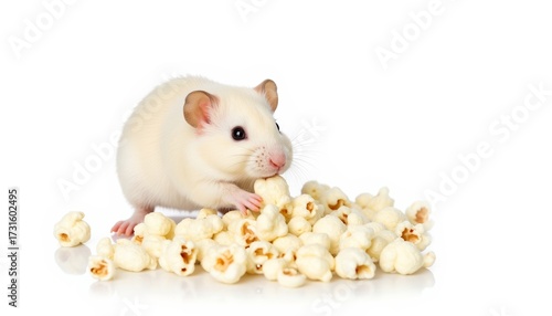 Hamster eating popcorn on white background  