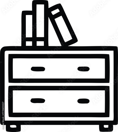 Simple line art drawing of a two-drawer dresser with books on top featuring clean design elements for various applications