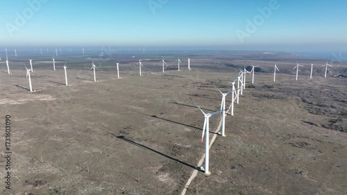 Wind turbine farm. Windmill for electric power production. Green energy. Renewable energy.
