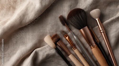 Makeup brushes on linen fabric