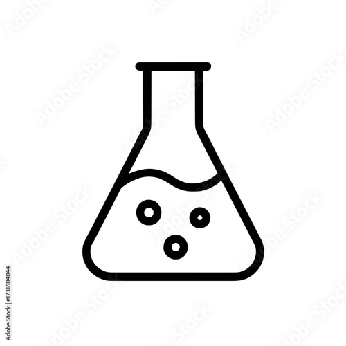 Black and white outline vector icon of flask with liquid and bubbles. Medical, chemistry.