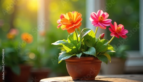 Wallpaper Mural Vibrant potted flowering plant in a rustic terracotta pot, bathed in sunlight  Perfect for home decor, gardening, and springtime themes ,  rustic,  petals Torontodigital.ca