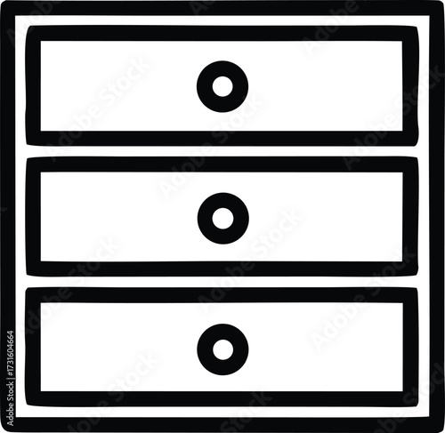 Simple hand-drawn style icon of a three-drawer dresser for home furniture and storage organization concepts