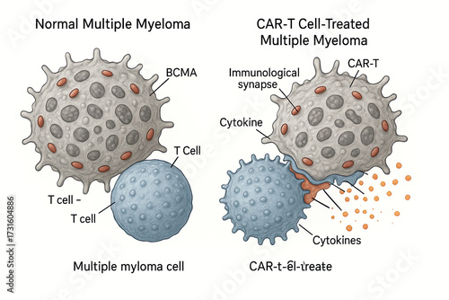 Illustration comparing normal multiple myeloma cell interaction with T cells versus CAR-T cell-treated multiple myeloma.