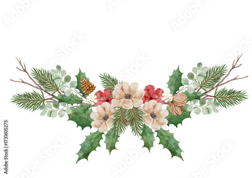 Digital watercolor horizontal center arrangement of festive winter flowers and foliage, ideal for banner headers or dividers on invitations.