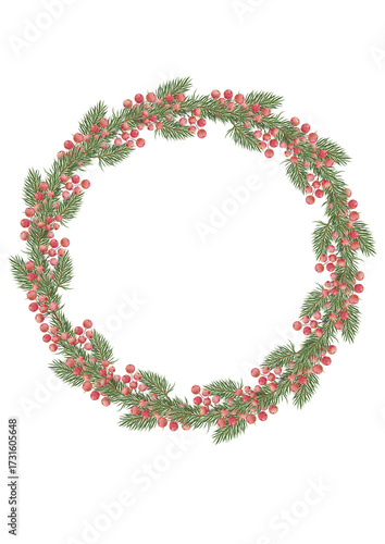 Digital watercolor wreath with vibrant red and pink berries and subtle foliage, perfect for bright and charming holiday card designs.