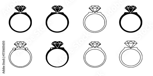 Wedding ring set icon. Silhouette and outline vector illustration isolated on white background. Jewelry and marriage vector image. Gemstone rings.
