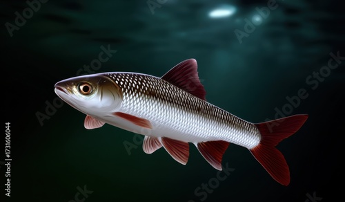 Vibrant Aquatic Scene Featuring a Colorful Fish with a Striking Red Tail and Elegant White Fins Swimming Gracefully in Clear Blue Water Environment