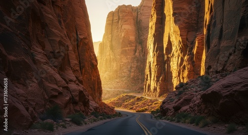 Road winding through towering canyon walls bathed in warm sunlight leading towards the horizon landscape