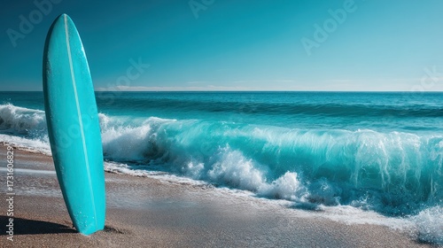 Fototapeta Naklejka Na Ścianę i Meble -  Vibrant turquoise surfboard bold and exciting for beach lifestyle visuals