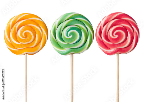 Three colorful swirl lollipops on sticks, isolated on transparent background. background removed