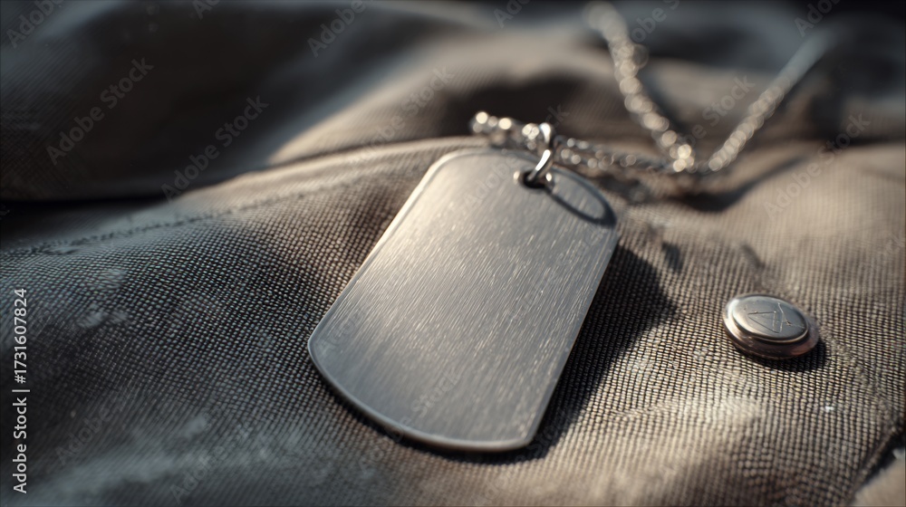 Fototapeta premium A close-up of a military dog tag resting on a textured fabric, showcasing its shiny, metallic surface.