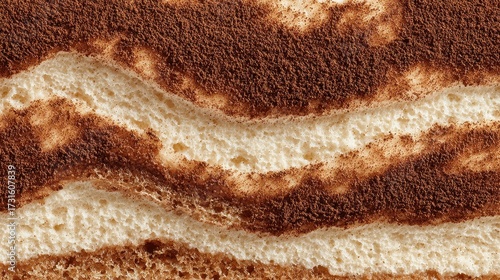 Abstract tiramisu layers with creamy seamless texture and cocoa powder.