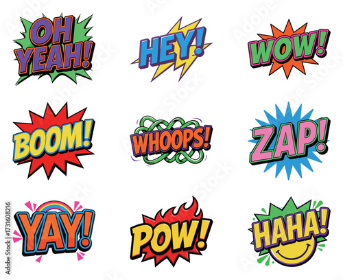 Collection of comic book style explosion and speech bubble stickers with dynamic words like OH YEAH!, BOOM!, ZAP!, WOW!, and POW!