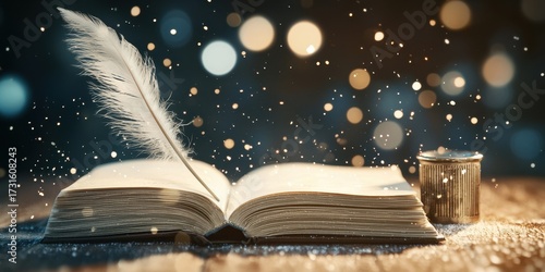 An open book with a quill and ink, surrounded by a dreamy, sparkling background, evokes creativity and inspiration.
