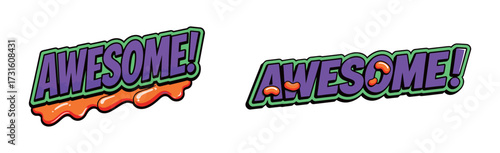 Two versions of the word AWESOME! in a vibrant, dripping, and candy-coated comic book or pop art style with bright colors.