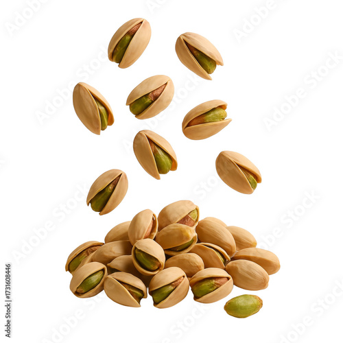 Delicious pistachios falling and piled, vibrant green nuts in shells.