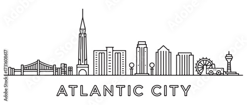 Atlantic city Line Art skyline horizontal banner. Atlantic city, New Jersey. with white background