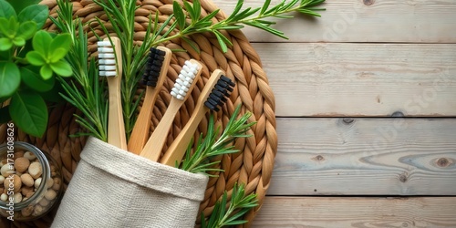 Eco-Friendly Oral Hygiene Bamboo Toothbrushes, Herbs, and Natural Elements on Rustic Wooden Surface