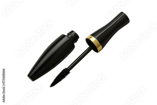Open black mascara tube with wand and brush for eye makeup beauty.