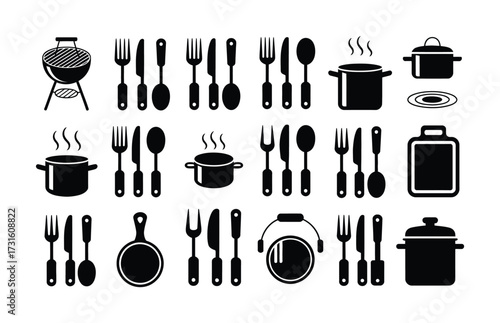 Collection of Black and White Kitchenware and Utensil Icons