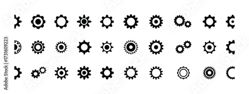 Collection of Black Gear Icons and Symbols on White Background
