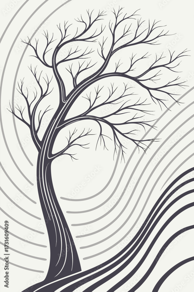 Obraz premium Stylized Bare Tree With Wavy Background Abstract Illustration Art