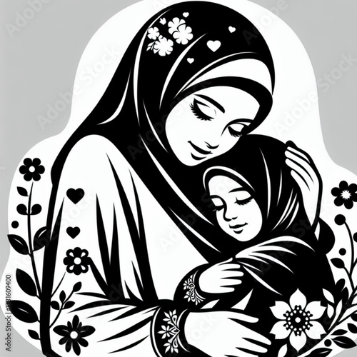 Heartwarming Black Vector Icon Of A Muslim Mother Tenderly Embracing Her Girl Child With Love with transparent background 