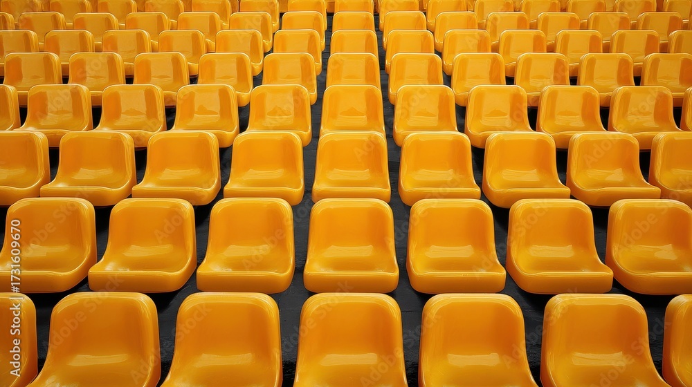 Fototapeta premium Many empty orange plastic stadium seats arranged in neat, orderly rows.