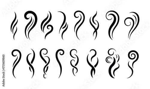 Collection of Black Swirling Smoke and Steam Wisps on White Background