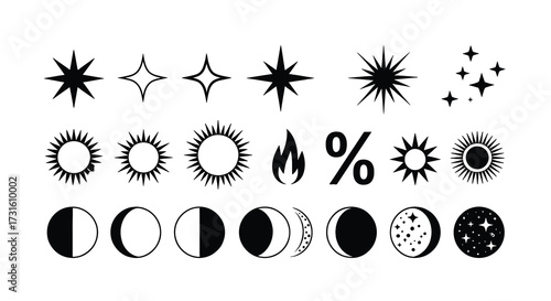 Collection of Celestial and Elemental Icons: Stars, Suns, Moon Phases, Fire, and More